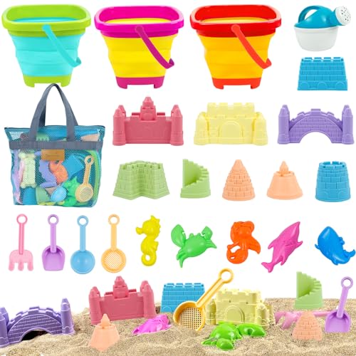 YUEJIDZ Sandspielzeug Strandspielzeug Kinder,23 Stück Strand Sandspielzeug Set mit Faltbarer Eimer,Netzbeutel Strand,Sand Schaufel,Sand Burg,Sandkasten Spielzeug für 3+Jahre Mädchen Junge von YUEJIDZ