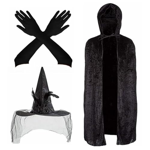 YUELER Hexenkostüm-Set mit Hexenumhang, Hexenhut und langem Halloween-Handschuh mit Kapuze für Teenager und Erwachsene, Cosplay von YUELER