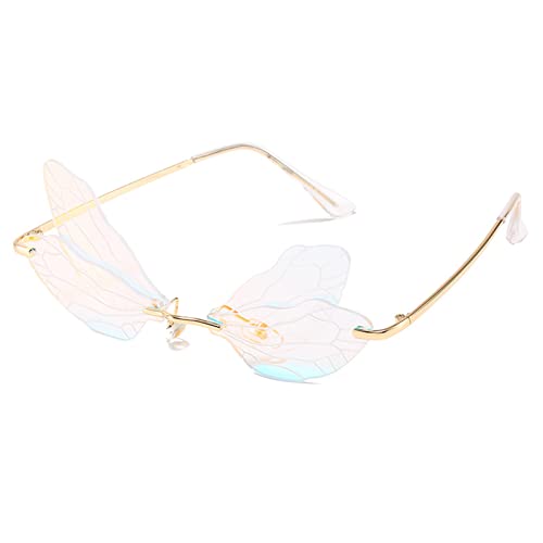 YUELUQU Mode Rimless Dragonfly Schmetterling Flügel Sonnenbrille Party Cosplay niedliche lustige Gläser (Spiegelrot) von YUELUQU