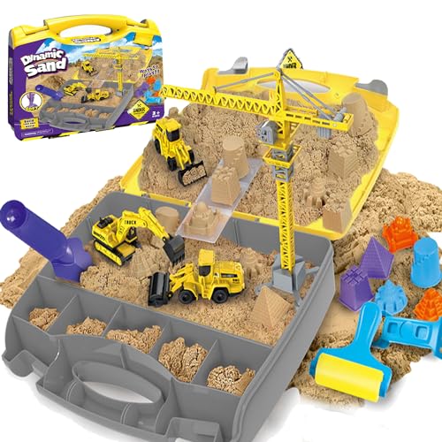 YUEMING Baustellen Sand Koffer mit 1000g Sand, 3 Mini-Fahrzeuge und 6 Sandformen, Sensorisch Sandspielzeug Baustellenfahrzeug und Zubehör für kreatives Indoor-Sandspiel, für Kinder ab 3 Jahren von YUEMING