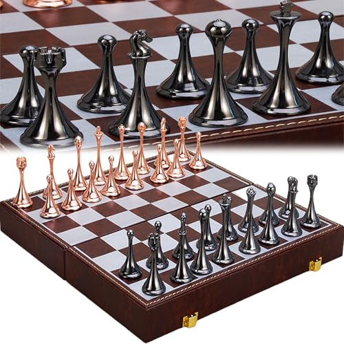 YUEMING Schachspiel aus Metalle, Leder Schachbrett 30 * 30cm, Tragbares Schachbrett Faltbares Magnetisches Schachspiel Brettspiel für Kinder Erwachsene Party Reisen Schachfigurenset von YUEMING