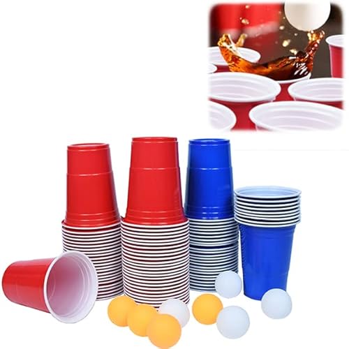 YUENFONG Beer Pong Becher Set Bierpong Becher Set inkl.100 Becher(50 Blau & 50 Rot), 10 Bällen, Mehrwegbecher Plastikbecher Bierpong Cups für Partyspiel, Trinkspiele von YUENFONG