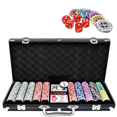 YUENFONG Pokerkoffer Pokerset Schwarz mit 500 hochwertigen Laser Pokerchips, inkl. 2 Pokerdecks, 1 Dealer Button, 5 Würfel, 2 Schlüssel, für Party, Reise, Game von YUENFONG