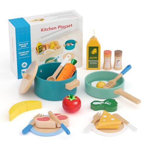 Kinderküche Zubehör Holz, 22Pcs Spielküche Zubehör Holzspielzeug Set Küchenspielzeug Kinderküchen Rollenspiel , Spielküche Töpfe und Pfannen Küchenset Geschenk für Mädchen Jungen 3 4 5 6 Jahre von YUEONEWIN