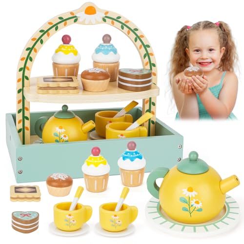 Montessori Spielzeug ab 3 4 5 6 Jahre, Eisdiele Kinder Holz Kinderküche Zubehör Tee Set, Teeservice Holzspielzeug ab 3 Jahre mit Sahnekuchen, Geschenke für Kinder Mädchen Junge, Weihnachten von YUEONEWIN