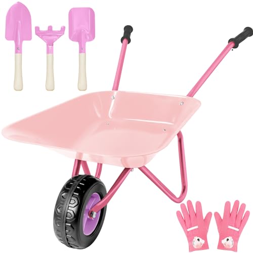 Schubkarren-Set für Kinder, Metall-Schubkarre, Kinder-Gartenset mit Schaufel, Rechen, für Outdoor, Bildung, Bauernhof, Gartenspielzeug, Spielen, Spiel (Rosa) von YUETOGUO