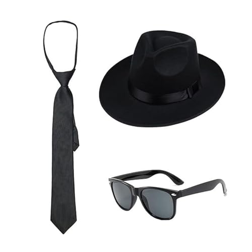 YUGSHNKFC Fedoras Gangster-Kostüm, Krawatte und schwarze Sonnenbrille, Gangster-Kostüm, 1920er-Jahre-Kostüm für Halloween, Cosplay-Party von YUGSHNKFC