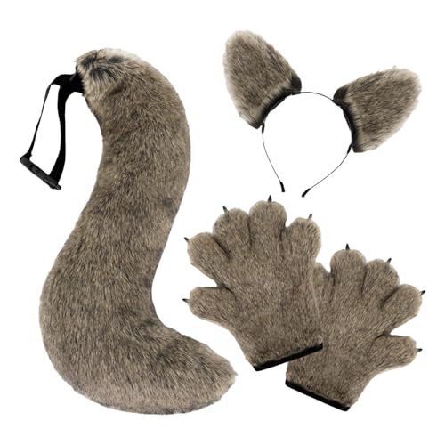 YUGSHNKFC Wolfskostüm-Zubehör-Set, Wolfsohren, Stirnband, Schwanz, Pfoten, Handschuhe, Zubehör-Set, Halloween, Wolfskostüme für Kinder und Erwachsene von YUGSHNKFC