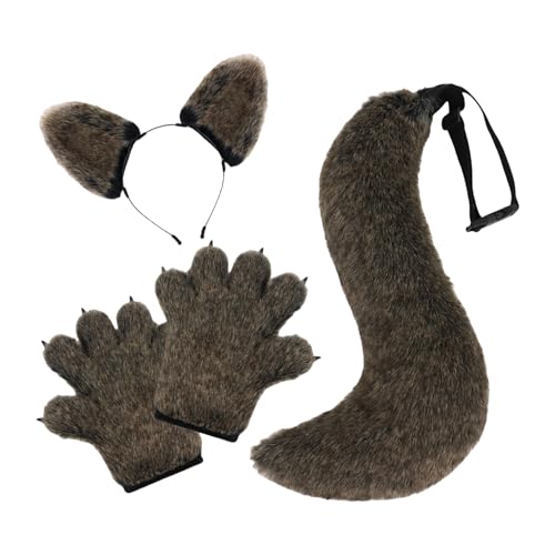 YUGSHNKFC Wolfskostüm-Zubehör-Set, Wolfsohren, Stirnband, Schwanz, Pfoten, Handschuhe, Zubehör-Set, Halloween, Wolfskostüme für Kinder und Erwachsene von YUGSHNKFC