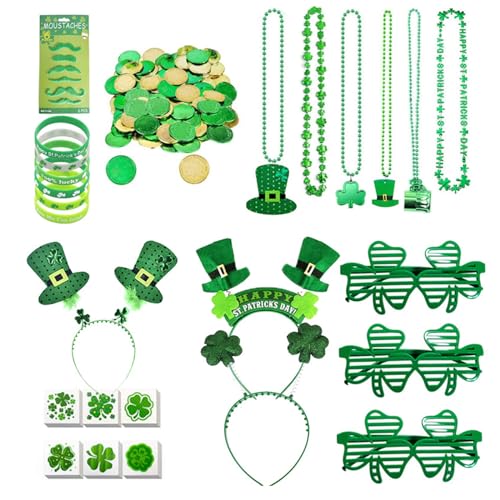 YUHANGCIYE Patricks Day Zubehör Kostüm für Irische Unisex Grüne Brille Halskette Körper Aufkleber Armband Münze & Stirnband Karneval Kostüm von YUHANGCIYE