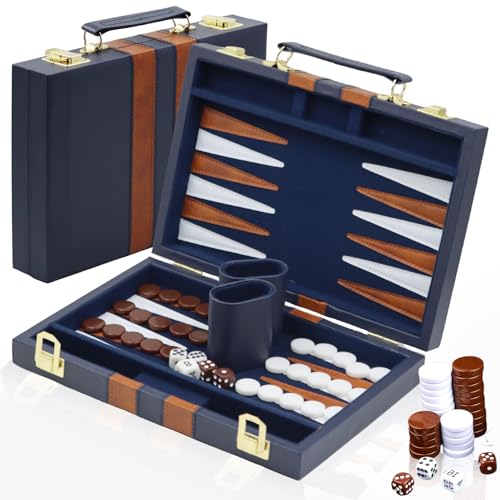 YUJUVI Backgammon Set Backgammon Koffer für 2 Spieler Klassisches Backgammon Set 11 Zoll Brettspiel mit Hochwertiger Ledertasche Tragbares und Reise Backgammon-Set (11 Zoll, Marineblau) von YUJUVI