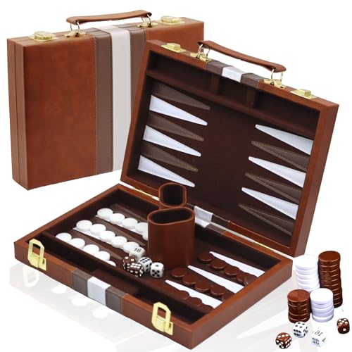 YUJUVI Backgammon Set Koffer für 2 Spieler Klassisches t 11 Zoll Brettspiel mit Hochwertiger Ledertasche Tragbares und Reise Backgammon-Set (11 Zoll, Braun) von YUJUVI