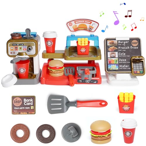 YULEYU Kaffeemaschine Kinder, Pretend Role Play Burger Shop Registrierkasse mit Sound, Kinder Küche Rollenspiel Pretend Play Sets Küchengeräte Spielzeug für Jungen Mädchen von YULEYU