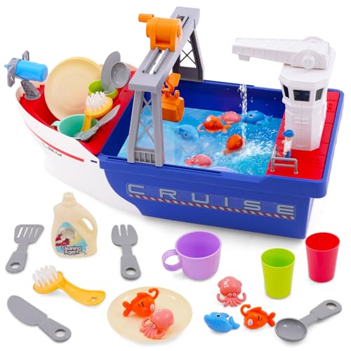 Küchenspüle Spielzeug Set mit Wasserkreislauf, 2 IN 1 Kinderwaschbecken mit Wasser Angelspiel, 21Stück Waschbecken Spielzeug, Kinder Küche Geschirrset Spielzeug Geschenk von YULEYU