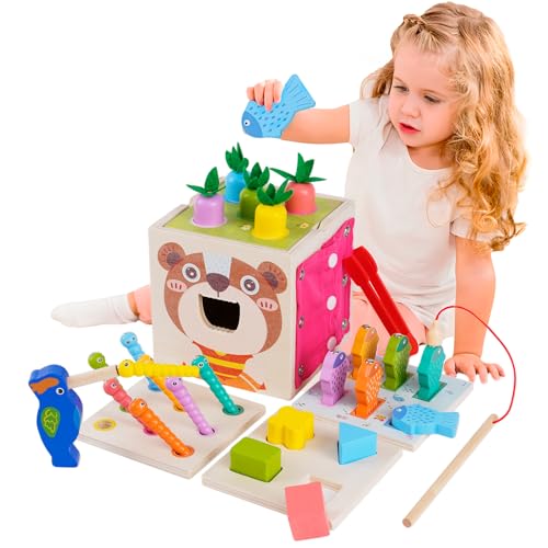 Motorikspielzeug aus Holz, 8 in 1 Montessori Holzspielzeug Aktivitätswürfel Activity Center, Baby Sortier & Stapelspielzeug Karottenernte Angelspiel 8I n1 Cubos de motor für Kinder ab 1 2 3 4 Jahr von YULEYU