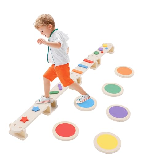 YULEYU 3 in 1 Holz Balancierbalken für Kinder und Kleinkinder mit Trittsteinen, Multifunktions Montessori Balancierbrett Hindernisstrecke, Gleichgewichtstraining, Sinnesschulung von YULEYU