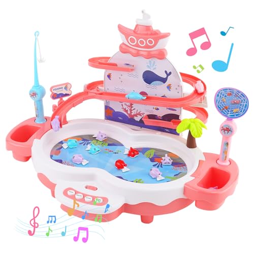 YULEYU Angeln Spiel Spielzeug für Kinder, 3 in 1 Baby Angeln Spielzeug Set, 34 PCS Fisch Spiele Spielzeug für Kinder mit Rutsche Musik Geschichte, Lernen pädagogische Vorschule Spielzeug von YULEYU