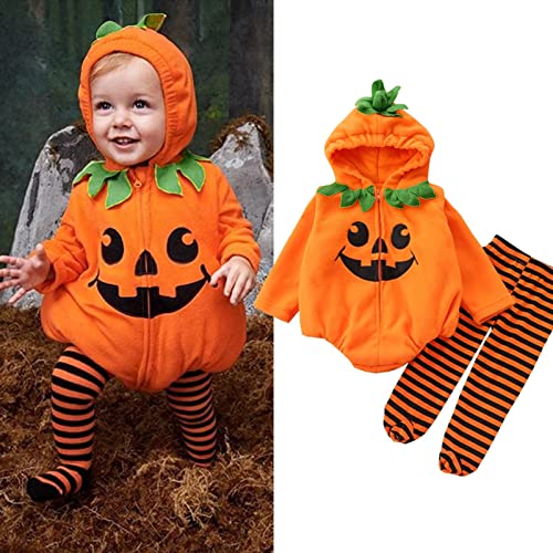 YULONGESS Halloween Kostüm Baby Kürbiskostüm mit Hut und Schuh Kinder Strampler Unisex Pumpkin Kostüme Langarm Jumpsuit Overall Mädchen Jungen Karneval Cosplay Set für Fasching Party von YULONGESS