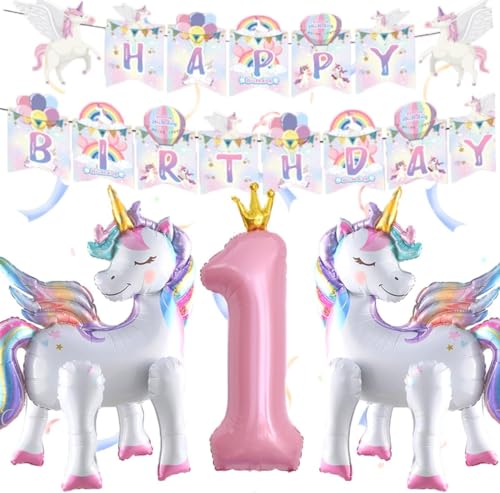 3D Einhorn Luftballons, Einhorn Folienballon mit Einhorn Ballon Nummer 1 Ballon Happy Birthday Girlande, Einhorn Deko Kindergeburtstag, Einhorn Helium Ballon für 1 Jahr Mädchen Geburtstags Party von YULONGWU