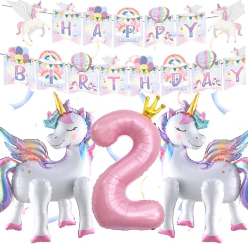 3D Einhorn Luftballons, Einhorn Folienballon mit Einhorn Ballon Nummer 2 Ballon Happy Birthday Girlande, Einhorn Deko Kindergeburtstag, Einhorn Helium Ballon für 2 Jahr Mädchen Geburtstags Party von YULONGWU