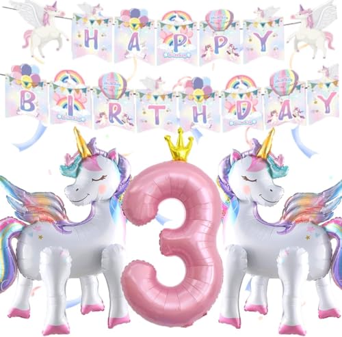 3D Einhorn Luftballons, Einhorn Folienballon mit Einhorn Ballon Nummer 3 Ballon Happy Birthday Girlande, Einhorn Deko Kindergeburtstag, Einhorn Helium Ballon für 3 Jahr Mädchen Geburtstags Party von YULONGWU