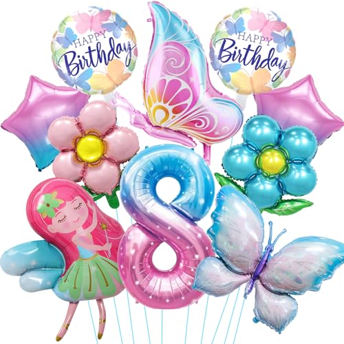Luftballon 8. Geburtstag Mädchen, 10 Stück Schmetterling Folienballon 8 Jahre, Bunt Schmetterling Geburtstag Deko 8 Jahre, Helium Ballons für Mädchen Geburtstag Schmetterling Party Dekoration von YULONGWU