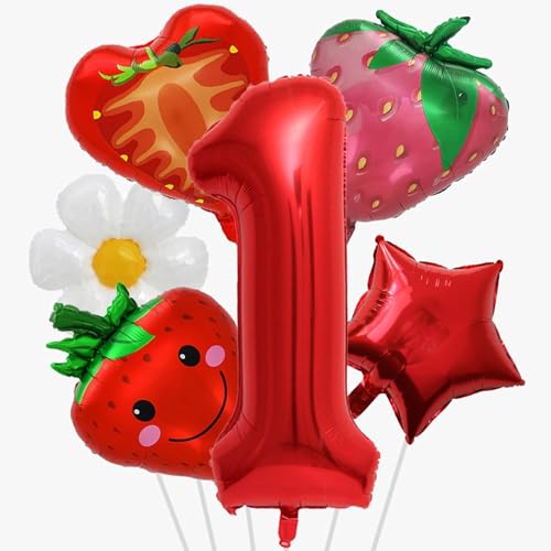 Luftballons Geburtstag 6 Stück, Geburtstags Ballon Set mit Ballon Nummer 1 Erdbeer Luftballons Gänseblümchen Ballon Stern Ballon, Erdbeer Folienballon für Mädchen Geburtstags Party Dekorationen von YULONGWU