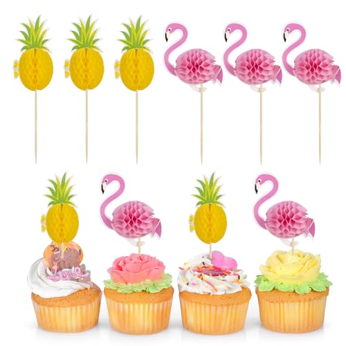 Tortendeko Geburtstag, 24 Stück 3D Flamingo Cupcake Topper Ananas Torten Deko, Geburtstag Kuchen Deko für Kinder, Kuchendeko Geburtstag Cake Decoration, Cake Toppers für Geburtstag Hochzeit Party von YULONGWU