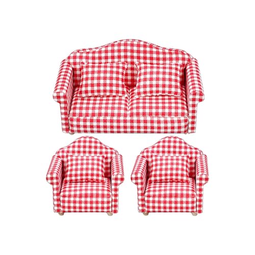 YUNFANG Miniatur-Sofa, Möbel-Sofa | -Couch-Sessel mit Kissen | Rot Kariertes Miniatur-Möbelspielzeug mit hoher Simulation für Puppenhäuser, Kinder und Erwachsene, begeisterter Sammler von YUNFANG