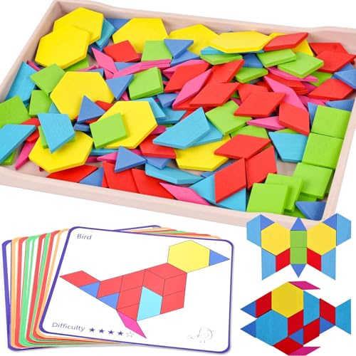 155 Stück Tangram Kinder, Montessori Puzzle Geometrische Formen Holzpuzzle mit 12 Doppelseitige Karten, Formerkennung Puzzle Montessori ab 3+ Jahre Kinder für Frühes Lernen Bildungsspiele von YUNHENTONG