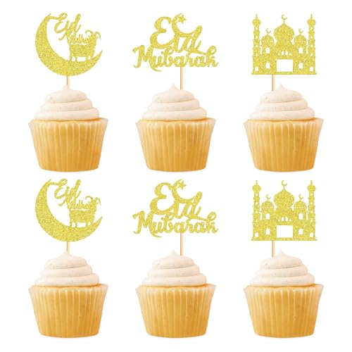 Eid Mubarak Tortendeko, 24 Stück Ramadan Cake topper Mond Stern Eid Mubarak Cupcake Topper Golden Kuchen Topper Ramadan Torte Deko für Party Kuchendekorations Zubehör (Gold-B) von YUNHENTONG