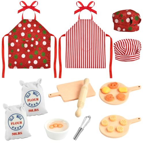 Wichtel Zubehör Set, 22 Stück Weihnachtswichtel Backen Zubehör Puppenschürze Miniatur Puppenhaus Backset Zubehör Küche Weihnachtswichtel Zubehör für Elfenpuppendekoration (Rot) von YUNHENTONG