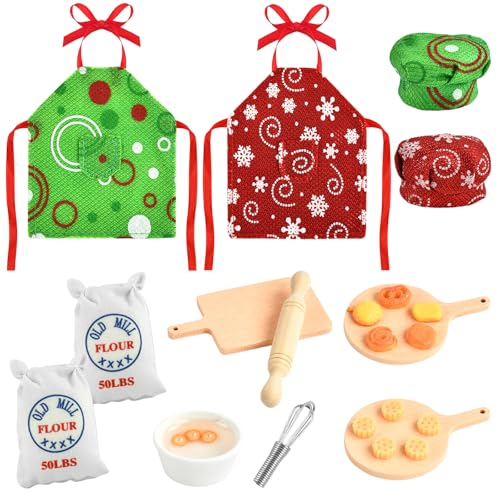 Wichtel Zubehör Set, 22 Stück Weihnachtswichtel Backen Zubehör Puppenschürze Miniatur Puppenhaus Backset Zubehör Küche Weihnachtswichtel Zubehör für Elfenpuppendekoration (Rot-Grün A) von YUNHENTONG