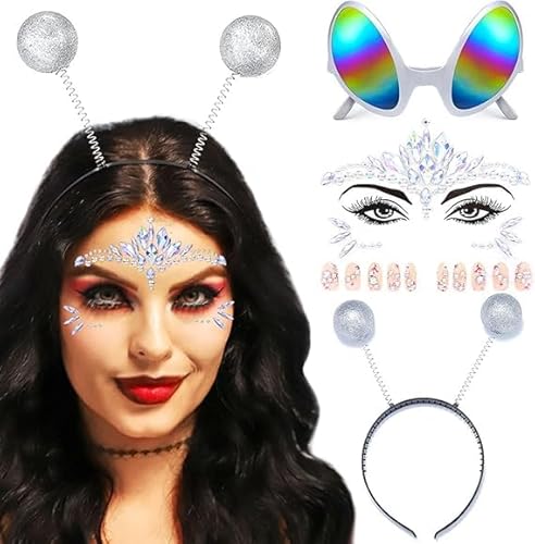 YUNHENTONG Alien Accessoires 3 Stück Alien Haarreif Brille Silber Space Alien Kostüm Damen Strasssteine Gesicht Haarreifen Fühler Weltraum Kopfschmuck für Karneval, Thema Party von YUNHENTONG