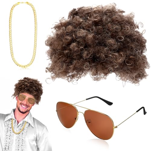 Perücke 70er 80er Männer 3 Stück Mit Goldkette Sonnenbrille Braunes Hippie Perücke Karneval Perücke Afro Perücke für Karnevalsparty 70er Jahre Outfit Herren Hippie Kostüm Accessoires von YUNHENTONG