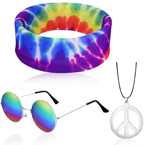 YUNHENTONG Hippie Kostüm Set,3 Stück Hippie Kostüm Set,Sonnenbrille,Peace Halskette Anhänger,Stirnband,Hippie Kostüm Damen Herren,Faschingkostüme 70er 80er Jahre Mottoparty Karneval Halloween (Farbe) von YUNHENTONG