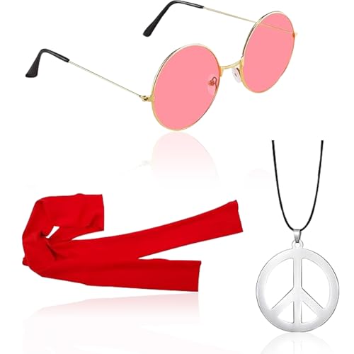 YUNHENTONG Hippie Kostüm Set,3 Stück Hippie Kostüm Set,Sonnenbrille,Peace Halskette Anhänger,Stirnband,Hippie Kostüm Damen Herren,Faschingkostüme 70er 80er Jahre Mottoparty Karneval Halloween (rot) von YUNHENTONG