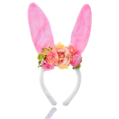 YUNHENTONG Osterhasen Haarreif, Niedlich Hasenohren Haarreif mit Realistischen Blumen, Interessant Bunny Ears Kinder Erwachsene, Ostern Hasen Haarreifen für Osterpartys Zubehör (Rosa -A) von YUNHENTONG