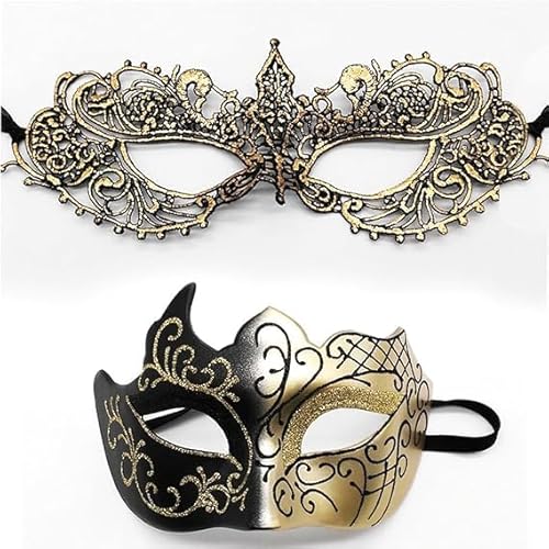 YUNHENTONG Venezianische Maske Herren Damen 2 Stück Maskenball Masquerade Mask Masken Kostüm Gold Spitzenmaske Maske Venezianisch Augenmaske Karneval Maske Fasching von YUNHENTONG