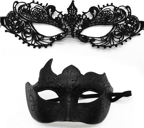 YUNHENTONG Venezianische Maske Herren Damen 2 Stück Maskenball Masquerade Mask Masken Kostüm Schwarz Spitzenmaske Maske Venezianisch Augenmaske Karneval Maske Fasching von YUNHENTONG