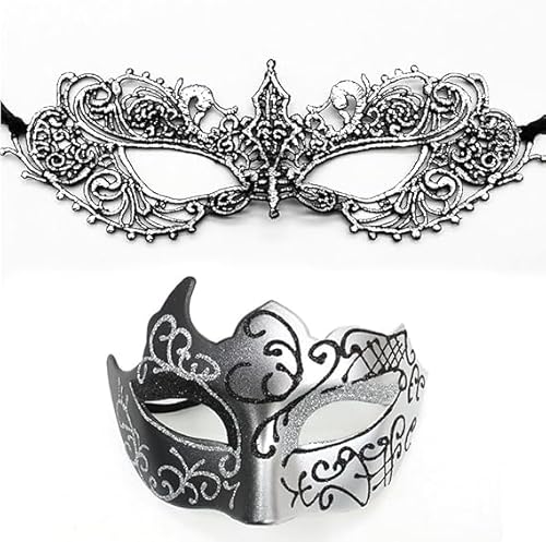 YUNHENTONG Venezianische Maske Herren Damen 2 Stück Maskenball Masquerade Mask Masken Kostüm Silber Spitzenmaske Maske Venezianisch Augenmaske Karneval Maske Fasching von YUNHENTONG