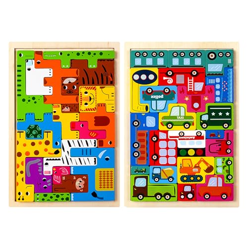 YUNJYI'S 2-teiliges Set Tiere und Fahrzeuge Holz Puzzle，Tetris, holzpuzzle ab 3 Jahre, Montessori Spielzeug,Holzpuzzle Box Gehirn Spiel Baustein Intelligenz pädagogisches Geschenk für Kleinkinder von YUNJYI'S