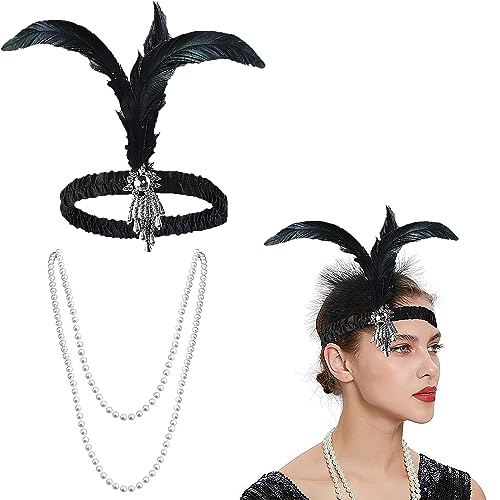 YUNYAN 1920er Jahre Accessoires Damen Kunstperlen Halskette Federkopfschmuck Great Gatsby Accessoires Damen für 20's Theme Party Kostüm Schmuck von YUNYAN