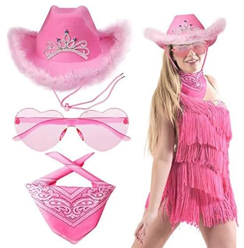 Cowboyhut mit rosa Krone, Rosa Westlicher Cowgirl-Hut, 3 Stück Cowgirl Kostüm Set, Rosa Hut mit Feder, Partybrille, Rosa Bandana, Rosa CCowboyhut mowgirl-Hut, Damen Cowboyhut Filz für Party Halloween von YUPDFGB