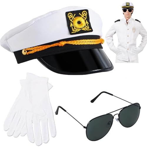 YUPDFGB 3 Stück Kapitänsmütze Matrosenmütze Kapitänsmütze Kostüm Set Kapitänsmütze Herren mit Sonnenbrille, Handschuhe, Kapitän Kostüm für Damen Männer Karneval Mottoparty Partys Cosplay ﻿ von YUPDFGB