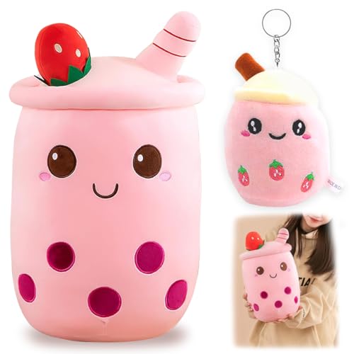 YUPDFGB Bubble Tea Kuscheltier PlüSchtier XXL SüßE Kissen, 2PC Kawaii Bubble Tea Cup Plushie mit Schlüsselanhänger Stofftier Teetasse PlüSch Spielzeug Deko (Rosa, 35cm) von YUPDFGB