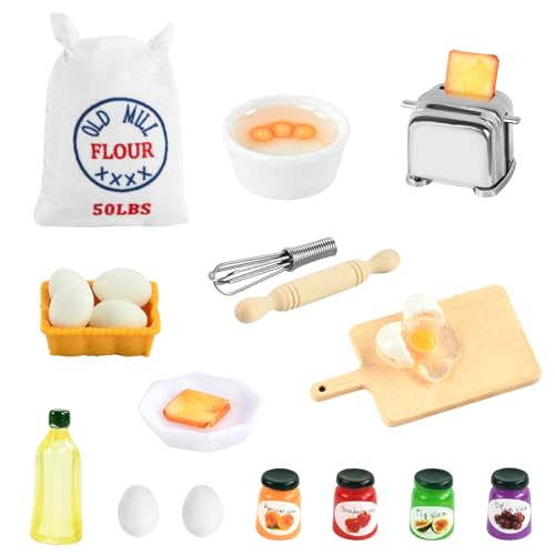 Miniatur Wichtel Zubehör Küche, 22 Stück Miniatur Puppenhaus Zubehör Küche Wichtel Backset mit Miniatur Bread Toaster Marmelade Mehlsack, 1:12 Wichtel Zubehör Backen,Miniatur Küche von YUSHWENPTY