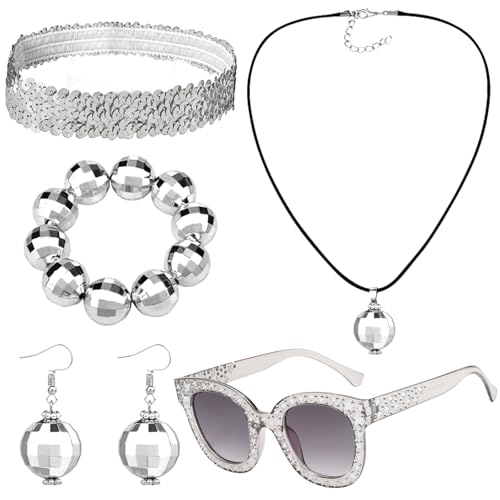 YUSHWENPTY Disco Accessoires Damen 6 Stück 70er Jahre Accessoires Ohrringe Discokugel Kette Armband Glitzer Brille Haarreif für 1970er Disco Outfit, Fotografie Requisiten, Partyzubehör (Silber) von YUSHWENPTY