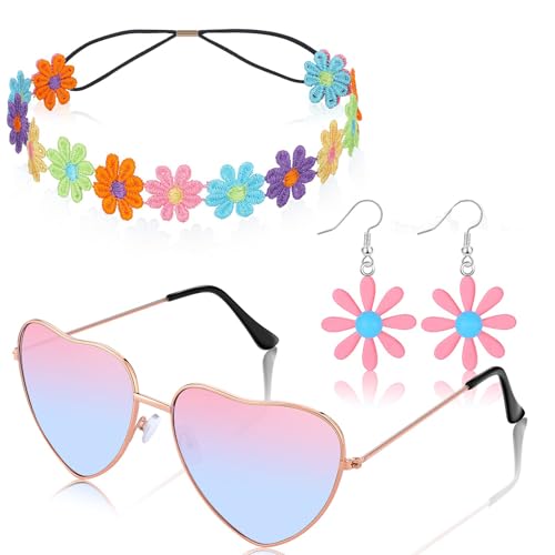 YUSHWENPTY Hippie Accessoires Damen 4 Stück Hippie Kostüm Accessoires 70er Jahre Hippie Kostüm Zubehör Set mit Peace Kette Stirnband Brille Ohrringe für Karneval Party (A) von YUSHWENPTY