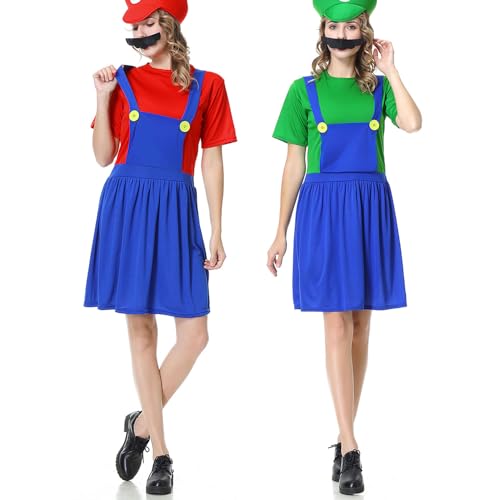 YUUGYD Super Brothers Cosplay Kostüme für Erwachsene Kinder, Halloween Carnival Cosplay Kostüm, Cosplay Kostüm mit Hut und Schnurrbart für Herren Damen Jungen Mädchen, Damen Grün, L von YUUGYD